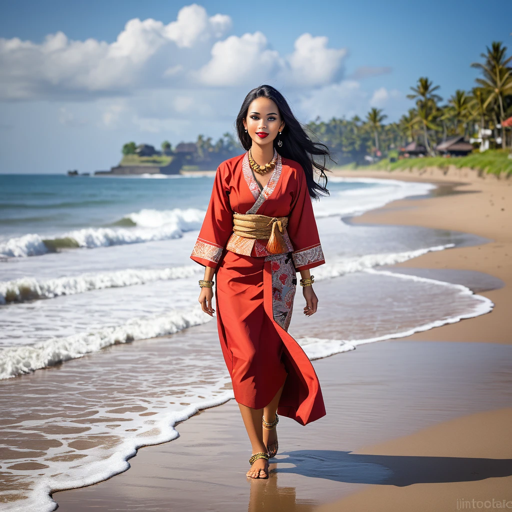 A beautiful balinese woman with a long, black hair, warm brown eyes, full lips, lean figure, sun-kissed skin, wears a lot of traditional Indonesian clothing, a silver anklet with a small bell that tinkles when she walks. She in in Kuta Beach, Bali, Indonesia.