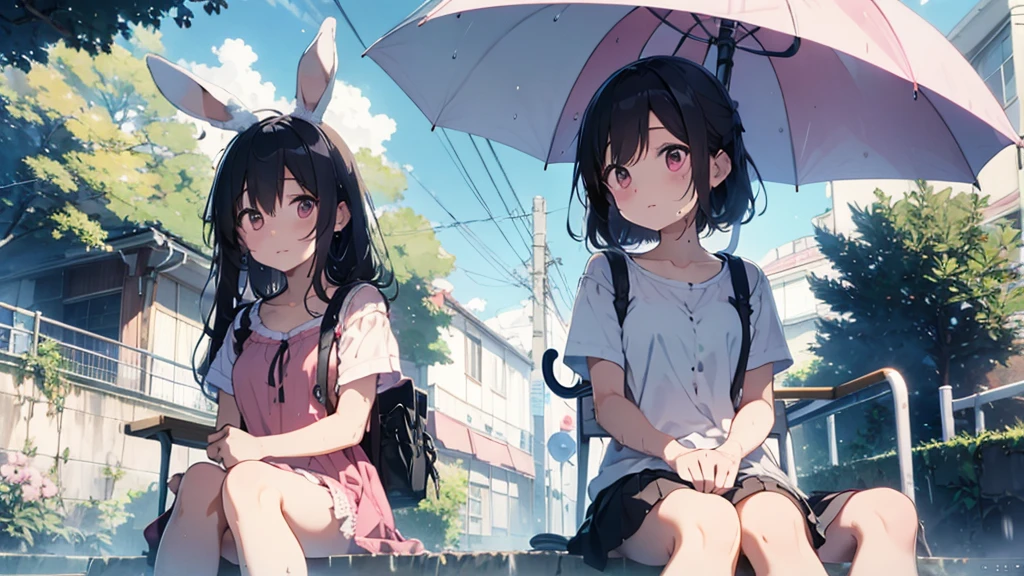 Highest quality, pretty girl, pastel colour, Fluffy bunny ears, Pink long hair,Pale pink eyes、Wet day,Sitting with an umbrella