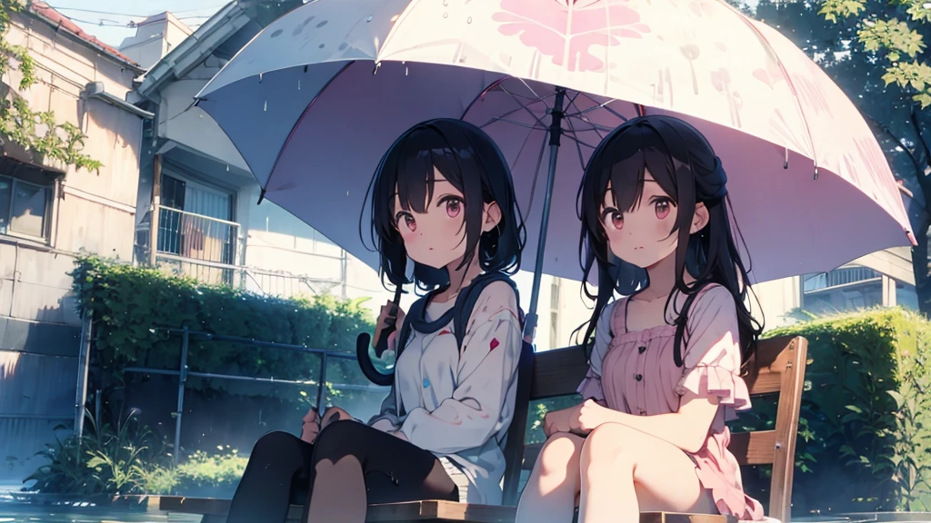 Highest quality, pretty girl, pastel colour, Fluffy bunny ears, Pink long hair,Pale pink eyes、Wet day,Sitting with an umbrella