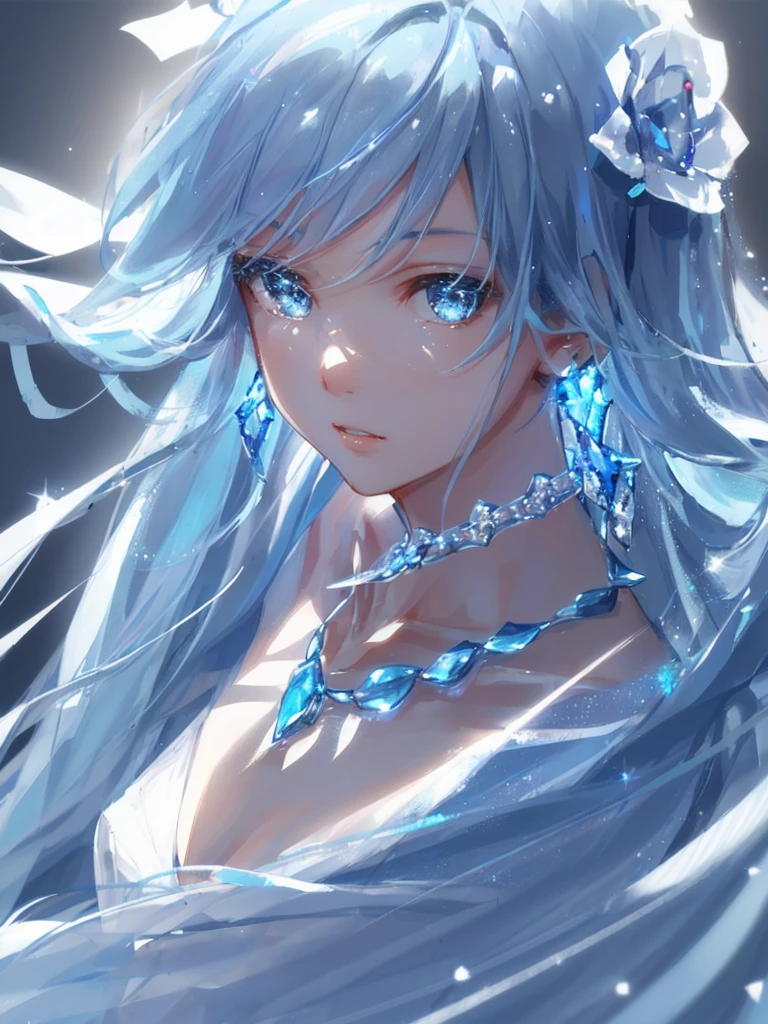 masterpiece, Highest quality, figure, Sax Blue, Platinum Earrings, Platinum Necklace, White Dress, One girl, cute, (Dynamic Lighting:1.2), Cinema Lighting, Delicate facial features, Fine grain, Sharp pupils, Realistic students, Depth of written boundary, Bokeh, Sharp focus, (Ultra-detailed, bloom, shine:1.4), Lots of little gems