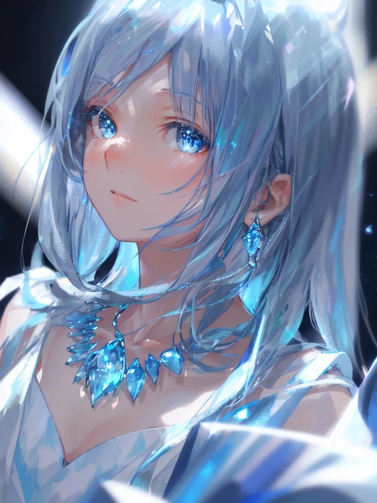 masterpiece, Highest quality, figure, Sax Blue, Platinum Earrings, Platinum Necklace, White Dress, One girl, cute, (Dynamic Lighting:1.2), Cinema Lighting, Delicate facial features, Fine grain, Sharp pupils, Realistic students, Depth of written boundary, Bokeh, Sharp focus, (Ultra-detailed, bloom, shine:1.4), Lots of little gems