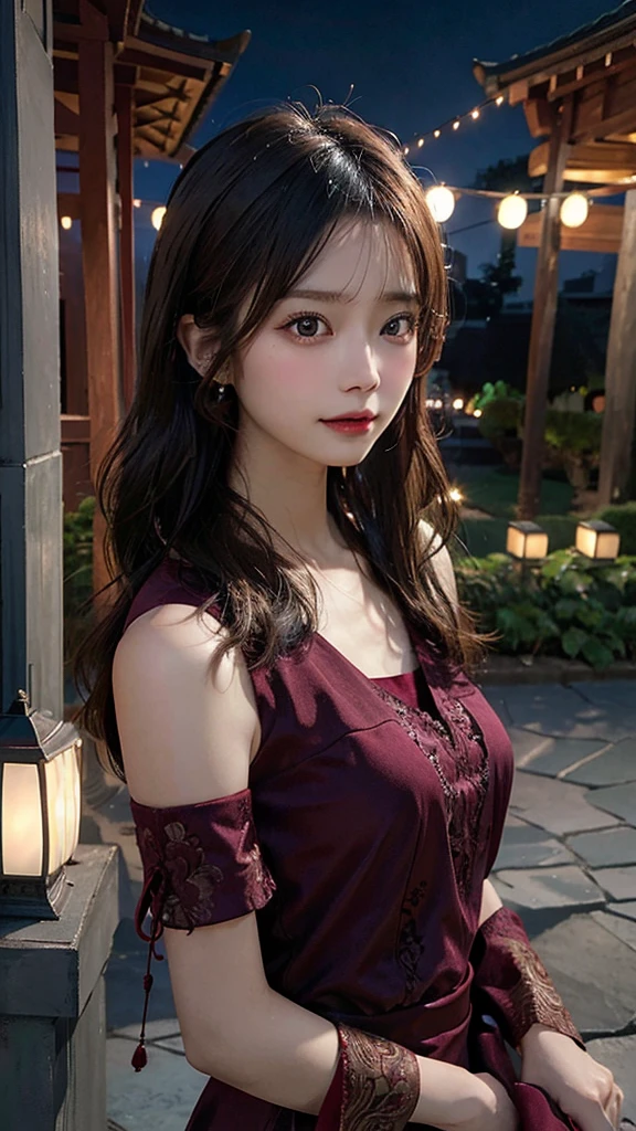 8k, best quality, Medium close-up, (maroon kebaya), (luxury kebaya), (maroon hijab), (top-quality, masterpiece: 1.3,超A high resolution,), (ultra-detailliert, Caustics), (Photorealsitic: 1.4,RAW shooting,) Ultra-realistic capture, A highly detailed, high-definition16Kfor human skin, Cute and lovely Javanese girl, realistic, ultra detail, photo realistic, Increase quality,

standing in an ancient javanese temple  with a scarf, (large breast), (cleavage), long shot, mouth, dark-haired, long hair, (depth of fields、chromatic abberation、 Wide range of lighting、Natural Shading、)、(Exterior light at night:1.4)、(Hair swaying in the wind:1.2