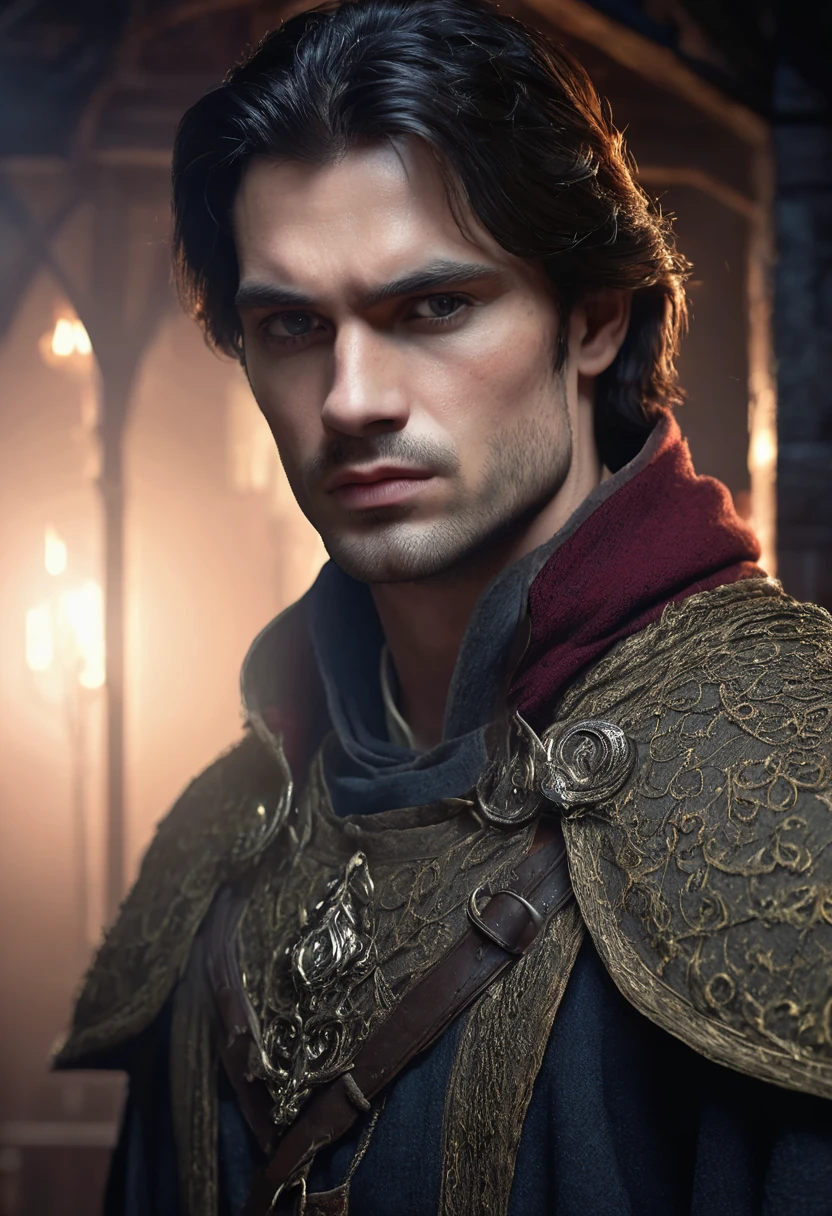 1 man, inside a dark house, wearing clothing in dark, medieval colors, detailed facial features, masculine eyes, detailed light skin, medium-length dark hair, strong and serious expression, dramatic lighting, cinematic composition, cold and dark, atmospheric fog, handsome face, thin chin, handsome man, masculine and handsome, 25 years old (best quality, 4K, 8K, high resolution, art: 1.2), ultra-detailed, (realistic, photorealistic, photorealistic: 1.37 )