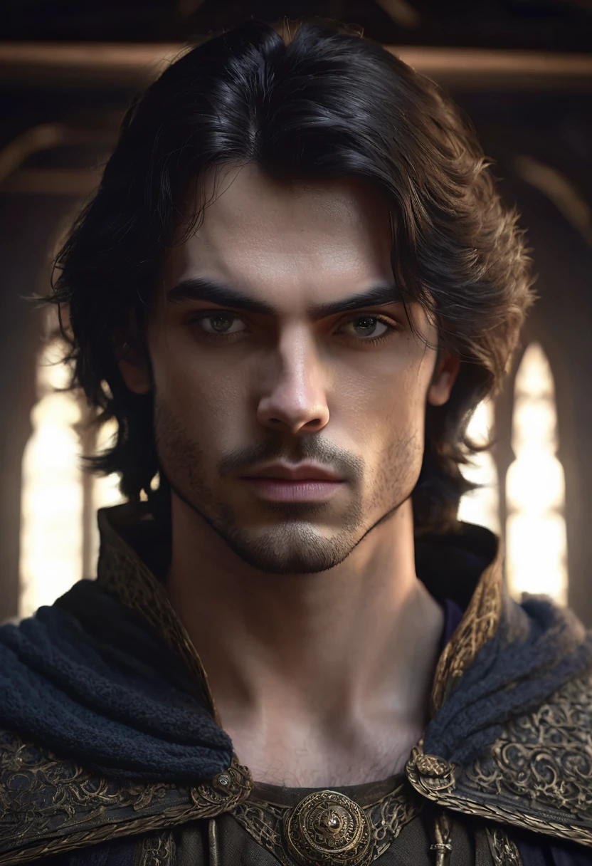 1 man, inside a dark house, wearing clothing in dark, medieval colors, detailed facial features, masculine eyes, detailed light skin, medium-length dark hair, strong and serious expression, dramatic lighting, cinematic composition, cold and dark, atmospheric fog, handsome face, thin chin, handsome man, masculine and handsome, 25 years old (best quality, 4K, 8K, high resolution, art: 1.2), ultra-detailed, (realistic, photorealistic, photorealistic: 1.37 )