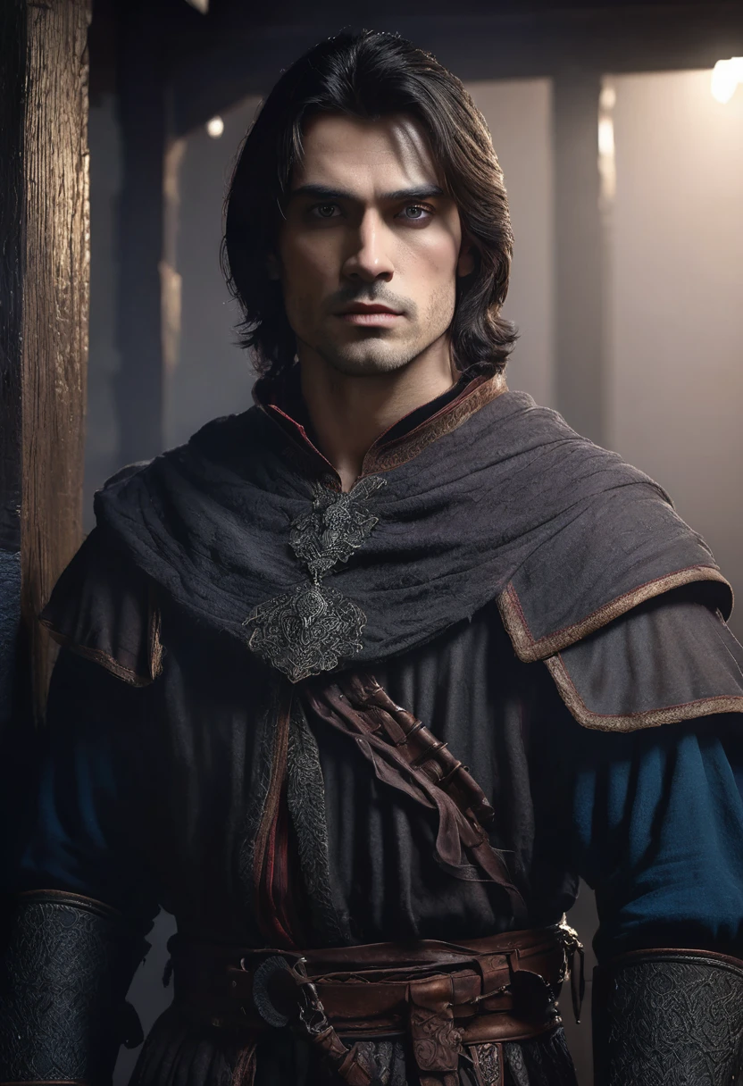 1 man, inside a dark house, wearing clothing in dark, medieval colors, detailed facial features, masculine eyes, detailed light skin, medium-length dark hair, strong and serious expression, dramatic lighting, cinematic composition, cold and dark, atmospheric fog, handsome face, thin chin, handsome man, masculine and handsome, 25 years old (best quality, 4K, 8K, high resolution, art: 1.2), ultra-detailed, (realistic, photorealistic, photorealistic: 1.37 )