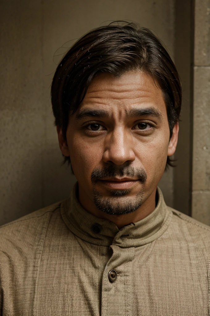 "A 30-year-old man named Raka sits at a table, holding a feather pen. He wears modern traditional clothing, such as batik with neutral-colored trousers, and a necklace with a wooden pen-shaped pendant. His dark brown eyes express enthusiasm, and his tan skin with a small scar on his left cheek adds character. In front of him lies an open book. The background is a grand royal library. Raka carries an old leather notebook and a unique feather pen, which he uses to draw simple illustrations in the air while telling stories. With a deep and calming voice, he brings stories to life, embedding moral values and cultural knowledge in each tale. Realistic, detailed, half-body."