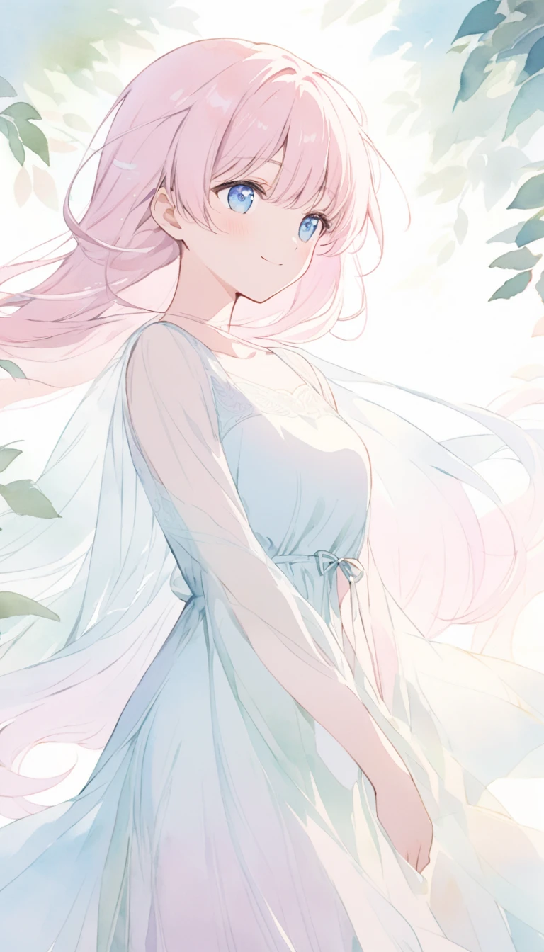 watercolor,A serene anime-style character with long, light pink hair that flows gently in the wind. The character has a smile and thoughtful expression, with soft blue eyes looking slightly downward. They are wearing a flowing, light-colored dress that appears to be made of a sheer, delicate fabric. The background features subtle foliage and a soft, pastel color palette, adding to the tranquil and ethereal atmosphere of the scene.