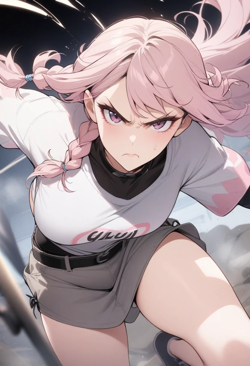 masterpiece, best quality, very aesthetic, absurdres, 1girl, mature_lady,,glaring, scowl,Pastel pink hairside braid,Baseball Tee,Iglu (Inuit),floating_hair