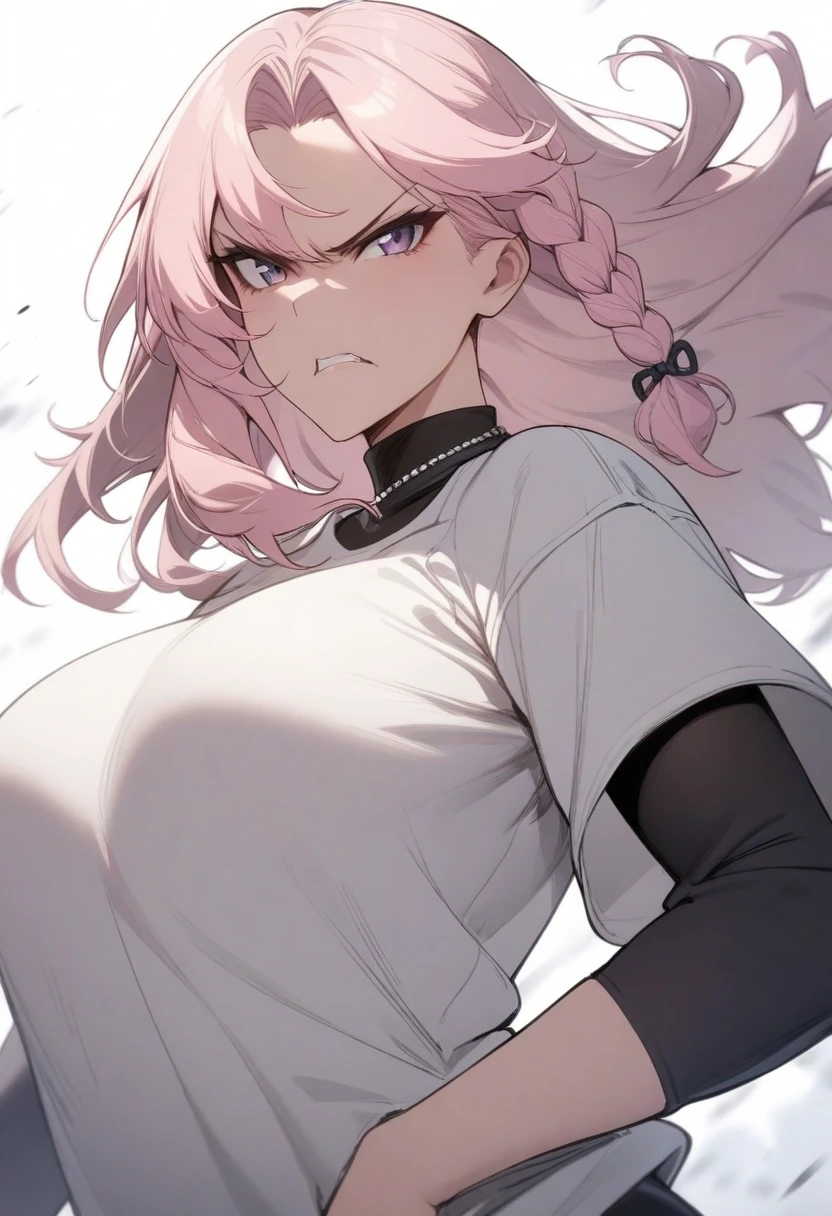 masterpiece, best quality, very aesthetic, absurdres, 1girl, mature_lady,,glaring, scowl,Pastel pink hairside braid,Baseball Tee,Iglu (Inuit),floating_hair