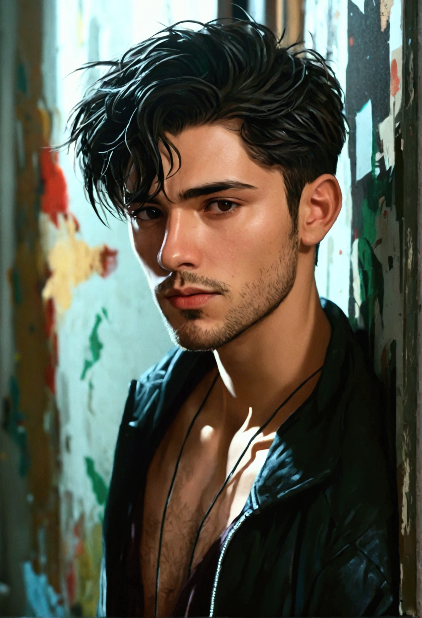 ((best qualityer)), ((realistic shoulders)), (detailded), 1 young 26-year-old man in an extremely dark room with poor lighting, He has a trimmed beard and short hair back and little muscle., dressed in dark clothes , dark shirt and dark jacket