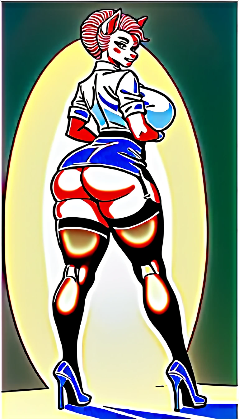 score_9, score_8_up, score_7_up, score_6_up, score_5_up, score_4_up, (solo), female anthro zebra, secretary clothes, skirt,high heels, lusty, fluffy body, long blond hair, turquoise eyes, (thick thighs:1.6) sex partial clothes, semi-butonned uniform niform, (barely_visible_booba) , giant breasts, garter belt tights , focus on ass, watch your back, biki big ass sexy ass sexy but invitation,