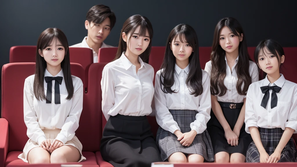((Highest quality, 8K, Masterpiece Details, Ultra-high resolution)), (Group photo),(Looking at the audience), (Full Shot:), 魅力的なビジネス 5-peopleの女性5-people, Slightly thicker:0.25, Seductive look, loose bangs, White collared shirt, Grey Skirt, (sit cross-legged at one&#39;s desk in the office)), ((Ultra-realistic sheer black pantyhose:1.5)), smile, CEO's Office,