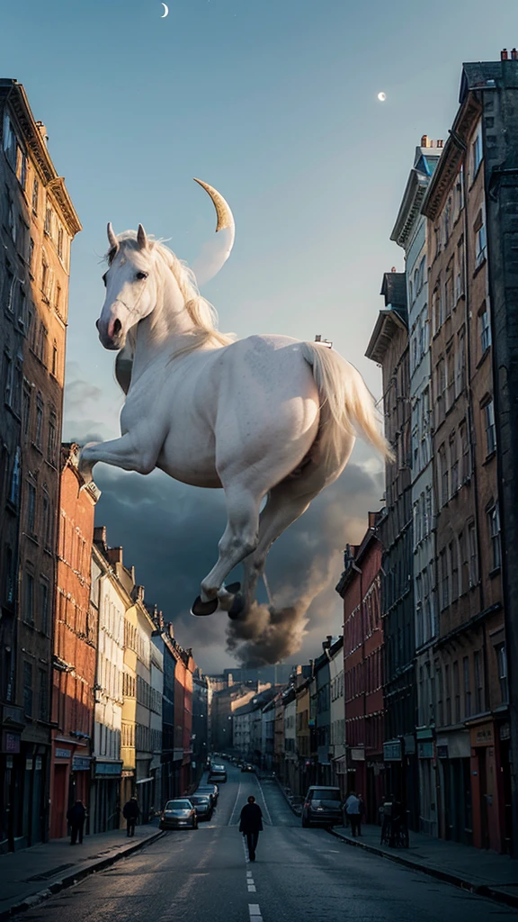 A prince riding a white horse, but the horse is a unicorn. The unicorn is walking in a city with tenement buildings , which have prominent balconies and numerous stairs. The prince is in the center of the image, with his colors matching the background to avoid too much contrast. A crescent moon is above, with its light shining on the prince riding the white horse. The upper part of the tenement buildings has a faint bluish fire burning. The overall tone of the image is slightly dark but warm, mysterious yet intriguing. The image should be realistic.