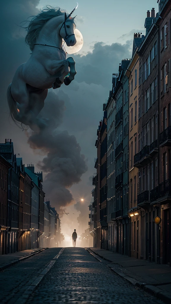 A prince riding a white horse, but the horse is a unicorn. The unicorn is walking in a city with tenement buildings , which have prominent balconies and numerous stairs. The prince is in the center of the image, with his colors matching the background to avoid too much contrast. A crescent moon is above, with its light shining on the prince riding the white horse. The upper part of the tenement buildings has a faint bluish fire burning. The overall tone of the image is slightly dark but warm, mysterious yet intriguing. The image should be realistic.