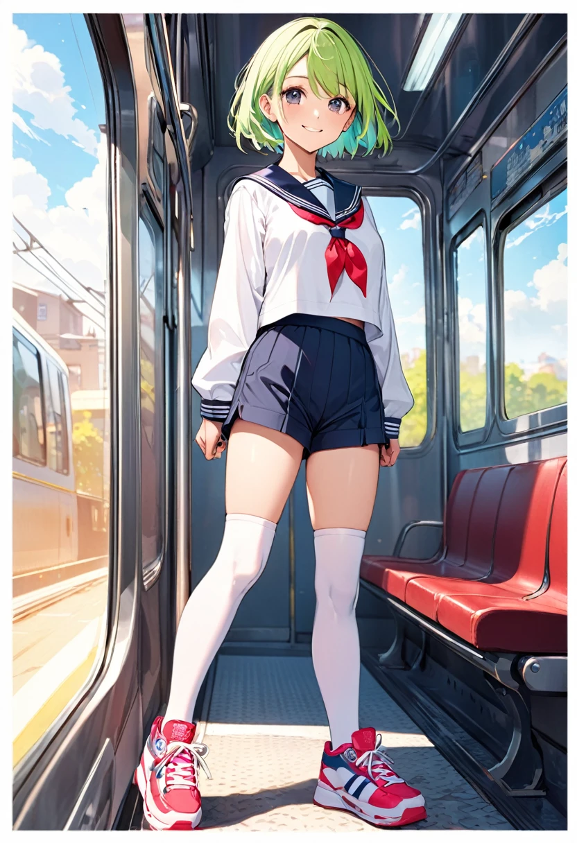 BREAK Perfect Anatomy、(High resolution:1.2)、Incredible illustrations、(Cute illustrations:1.2)、
(Beautiful background(on the train))
1little girl(multicolored hair,short hair)
1girl((a girl, 1.5meters, 35kg,18 years old female, ((serafuku,border shorts
,thigh-high socks, sneakers),tilting head,light smile