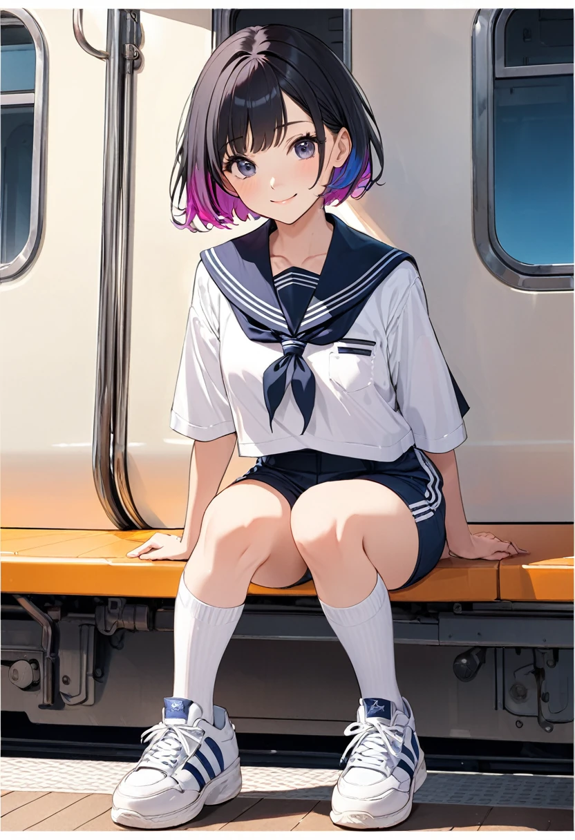 BREAK Perfect Anatomy、(High resolution:1.2)、Incredible illustrations、(Cute illustrations:1.2)、
（Beautiful background（on the train))
 1little girl(multicolored hair,short hair)
1girl((a girl, 1.5meters, 35kg,18 years old female, ((serafuku,pleated skirt,border shorts
,thigh-high socks, sneakers),tilting head,light smile