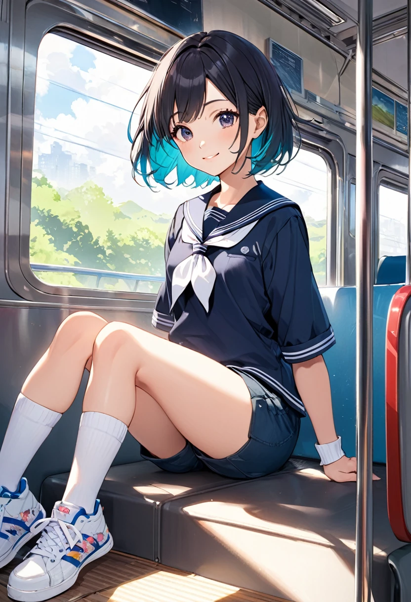 BREAK Perfect Anatomy、(High resolution:1.2)、Incredible illustrations、(Cute illustrations:1.2)、
(Beautiful background(on the train))
1little girl(multicolored hair,short hair)
1girl((a girl, 1.5meters, 35kg,18 years old female, ((serafuku,border shorts
,thigh-high socks, sneakers),tilting head,light smile