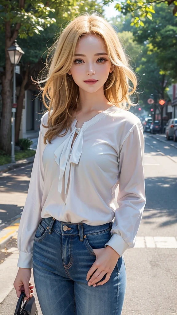 (Highest quality, Super detailed, Realistic: 1.39), The face of a mischievous 29-year-old teenager, Bright and vibrant colors, Studio Lighting, Romantic expression, Perfect big , Cute blouse, Long sleeve, jeans, Short blonde, Bob Style, Van blown by the wind, Attractive eyes, Bright lips, Sexy pose, Smile seductively, Posing for a professional photo shoot, Shallow depth of field, Soft natural light, Create a dreamy and magical atmosphere, street, summer, sunny day, wood
