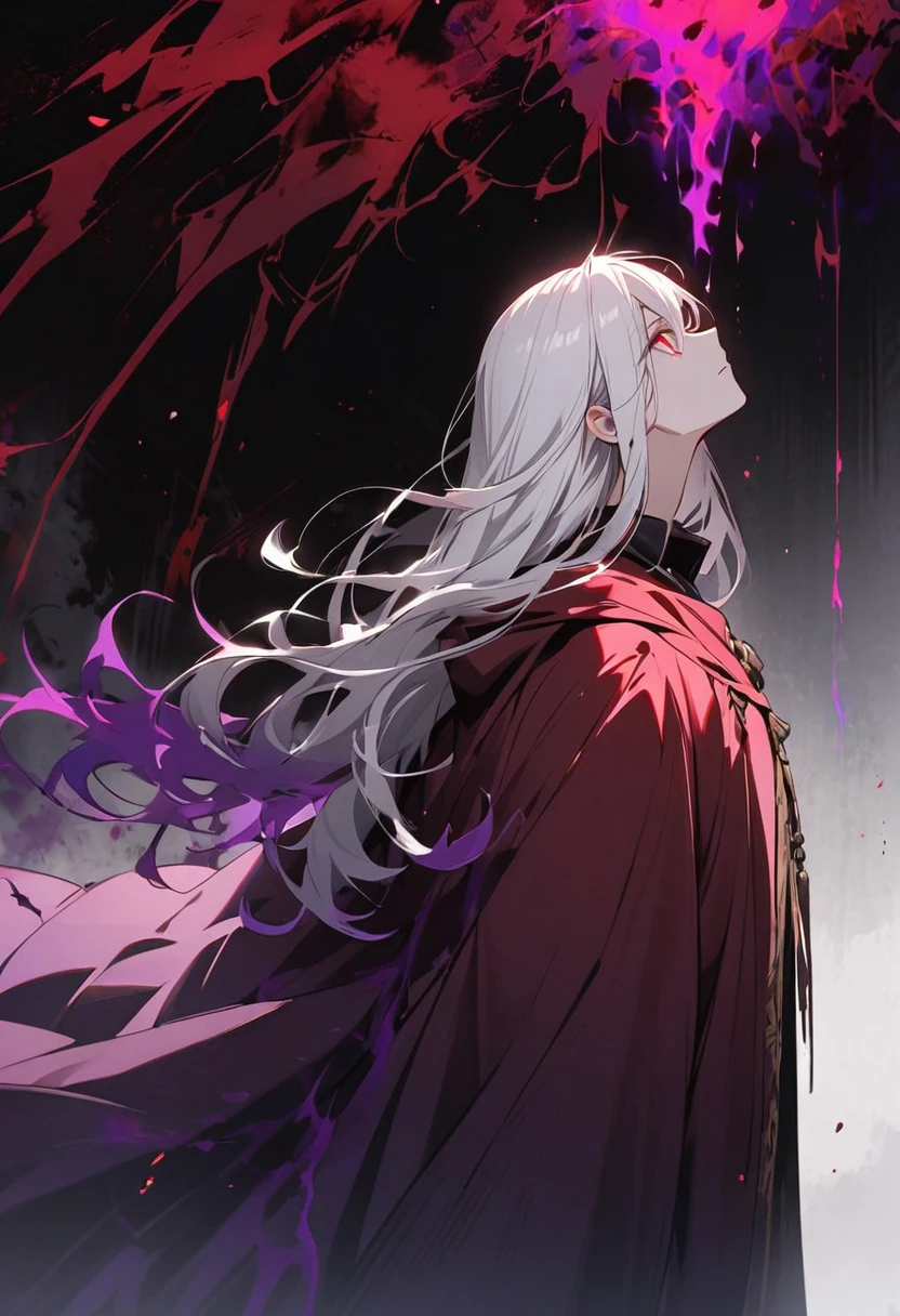 male, long hair, white hair, red eyes, cloak, dark aura, side view, look up