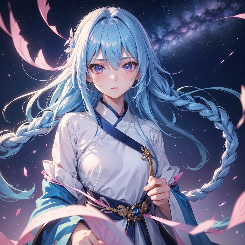 Sky blue hair,braid hair,Pink Eyes,Fair skin ,(whole body),(One girl),Hanfu,Tanabata,(The beautiful, sparkling Milky Way in the night sky),Lonely Eyes,,(masterpiece, Highest quality, Very detailed, Best Shadow), (Detailed Background), (Beautifully detailed face), High Contrast, (Best lighting, Very delicate and beautiful), ((Cinematic Light)), colorful, Hyper Detail, Dramatic Light, Intricate details,