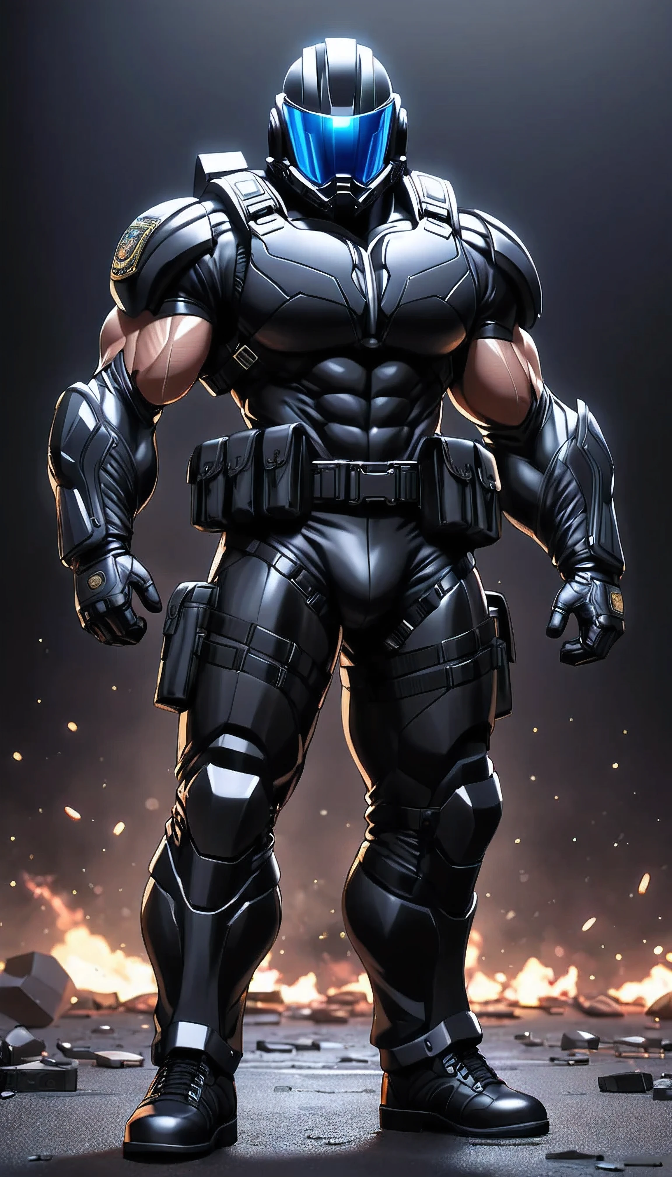 highly detailed anime style digital illustration,muscular man,wearing black tactical fbi uniform,wearing Riot Helmet,standing,big body, wear tactical gloves, real anatomy body, Full Body, Alone, hyper detailed, sharp focus, physically-based rendering, (black background:1.1)