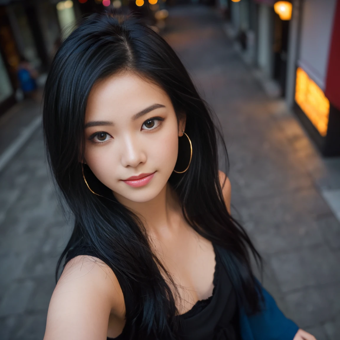 arafed woman with black hair with blue high lights, walking in the city, flowing black hair, with black hair, photo of a beautiful woman, long flowing black hair, pink golden hour, curly black hair, beautiful young asian woman, beautiful asian woman, wild ginger hair, black wispy hair, black  hair, a young asian woman, an asian woman, infp young woman, (taking selfies, overhead view: 1.4), (straight half of the torso: 1.4), Portrait photo of a 24-year-old french girl in RAW UHD format (Black-eyed woman) Walk down the dark alley, night city, Details (textures! , Hair! , glistering, Color!! , imperfections: 1.1), highly detailed glossy eyes (looking at the camera), DSLR Lighting, SLR camera, Ultra-Quality, sharpness, Depth of field, Film grain (Downtown), Fujifilm XT3, Crystal clear, Frame Center, beatiful face, sharp-focus,  lighting, (lit), day time, (open sky), detailed skin pores, oilly skin, suntan, Complex eye details, smiling