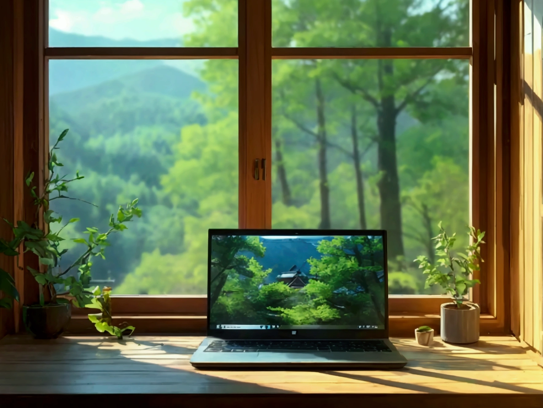 Window seat、Laptop on the table、Outside the window is the early summer forest、A table placed by the window in the living room of a mountain hut、