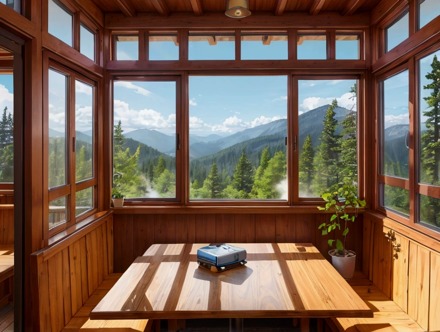 Window seat、Laptop on the table、Outside the window is the early summer forest、A table placed by the window in the living room of a mountain hut、