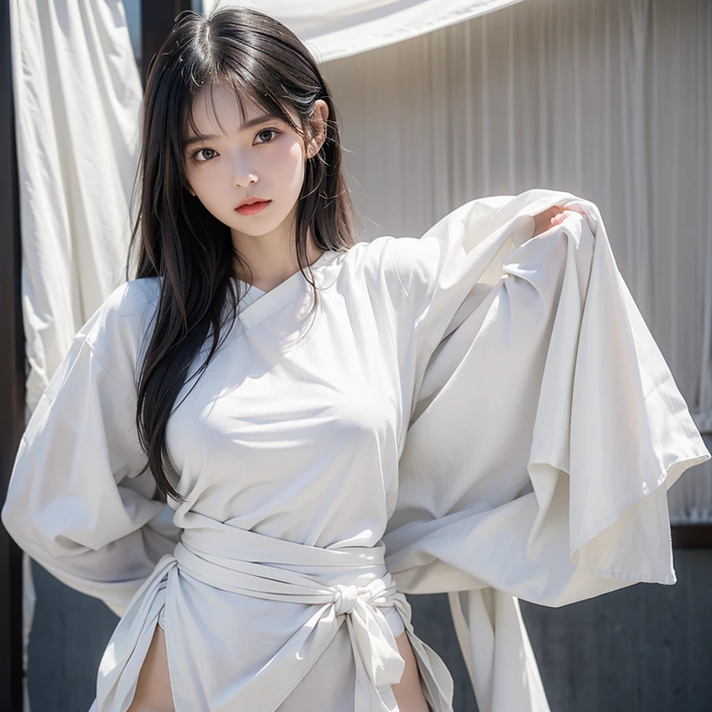 日本people、1people、The most beautiful woman、clear、Shiny black hair、Photo Style、length, bangs、light makeup、Standard face、(((Wearing a white Etchu loincloth)))、((Light clothing:1.5))、(She is hiding her breasts by wrapping a cloth around her chest.)、Summer festival、(((Showing off your loincloth))), 32k, Raw photo、Highest quality