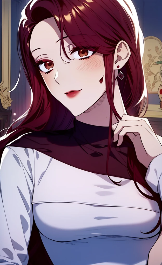 One woman  ,red lipstick,face makeup,mole under right eye, jhumka earrings  , turtle white sweater ,black pant ,g cup breasts size ,navel,brown hair,tall women,short wavy hair, looking at viewer 