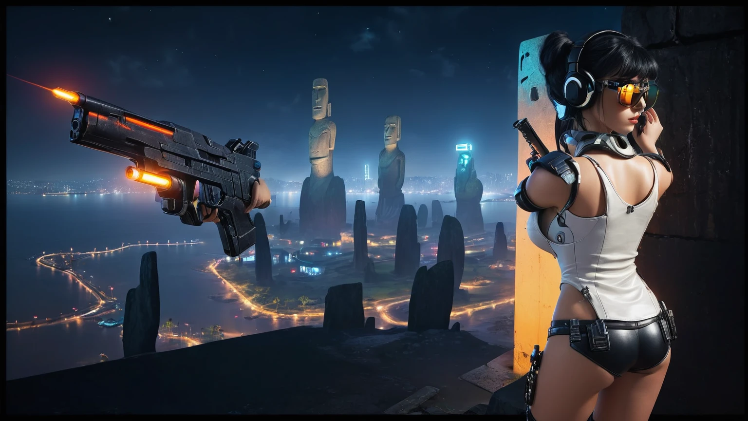 At night, dark sky, distant shot aerial view of fantasy cyberpunk style ((Moai-statue)) city, ((flying vehicle)). ((1girl, solo, alone)), medium-breast:1.1 slim body, cleavage, sexy clothes, (headphone, black sunglasses, long black realistic hair), (((hip-up standing and holding pistol))), half-body thigh level medium shot, cinematic lighting.