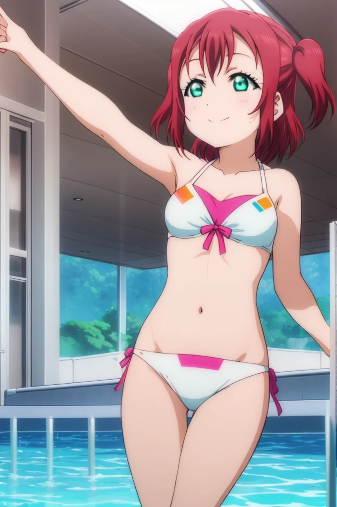 (((pixel-perfect, detail-perfect))), solo, 1girl, ruby kurosawa, smile, pool, bikini, armpit, flat filesize, ultra High Qality