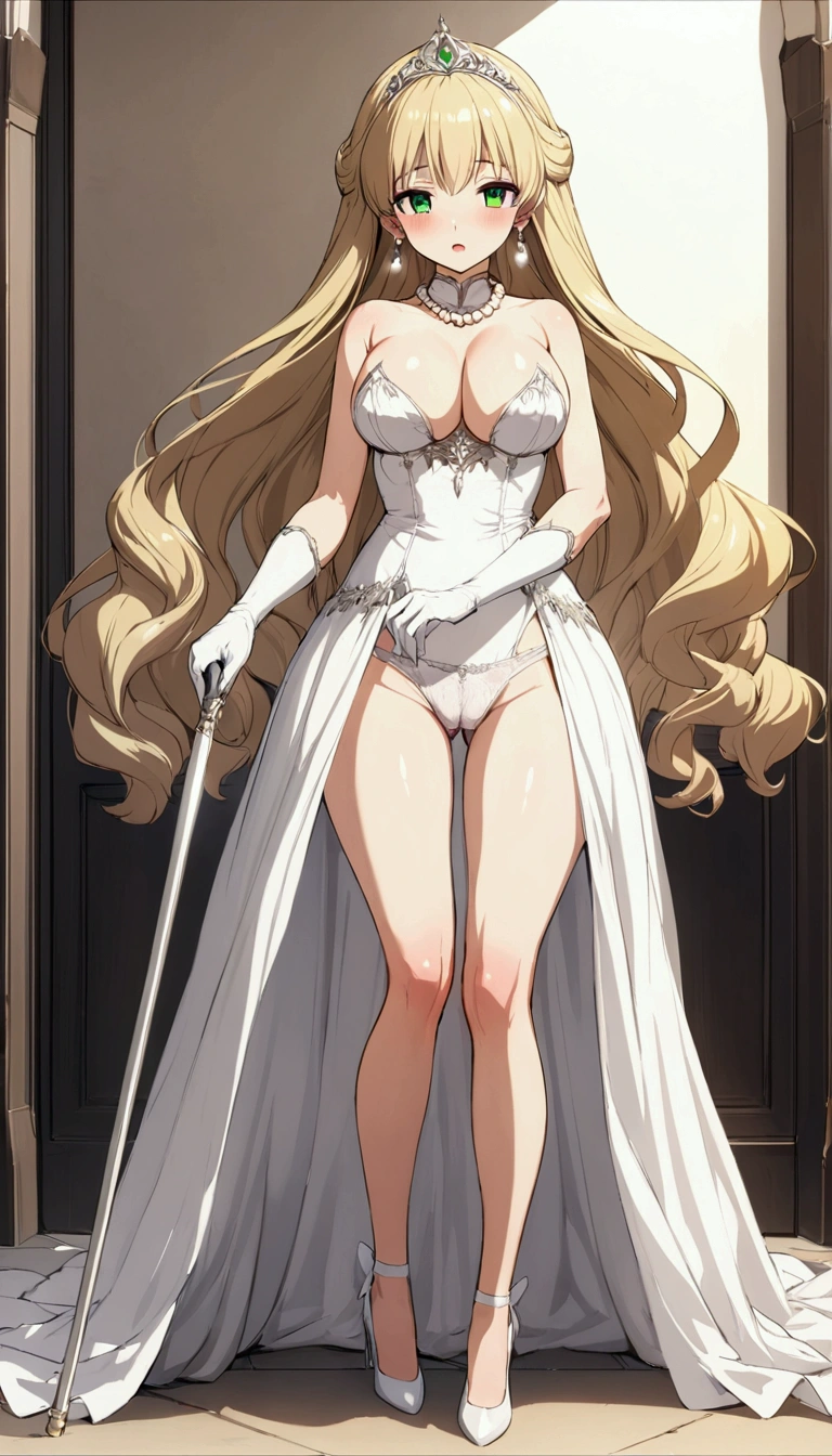 Anime. 1 Girl. Cute girl. Princess. Blonde. Long hair. Wavy hair. Green eyes. Beautiful eyes. Perfect eyes. Expressive eyes. Blind eyes. Blind. Ideal face. 16 years. Sitting chest. Beautiful breasts. Ideal anatomical body. Beautiful long legs. Luxurious white dress. White stockings. High heel shoes. White cane. Diadem. Pearl necklace. Neat earrings. White gloves. Urinary incontinence. Wants to pee. Need to pee. A strong, desperate urge to pee. Hand on crotch. He squeezes his crotch tightly. Rubs the crotch. She pees herself. Pissing to himself. Pissing in panties. She peed herself. Urine runs down my thighs. Standing at full height. She is standing on the street. Stands in the royal garden.. Beautiful character design. Shiny skin. Full body. Official
art. Extremely detailed CG Unity 8k wallpaper. Ideal lighting. Ultra high resolution 4K. Super detailed 8K. A high resolution.