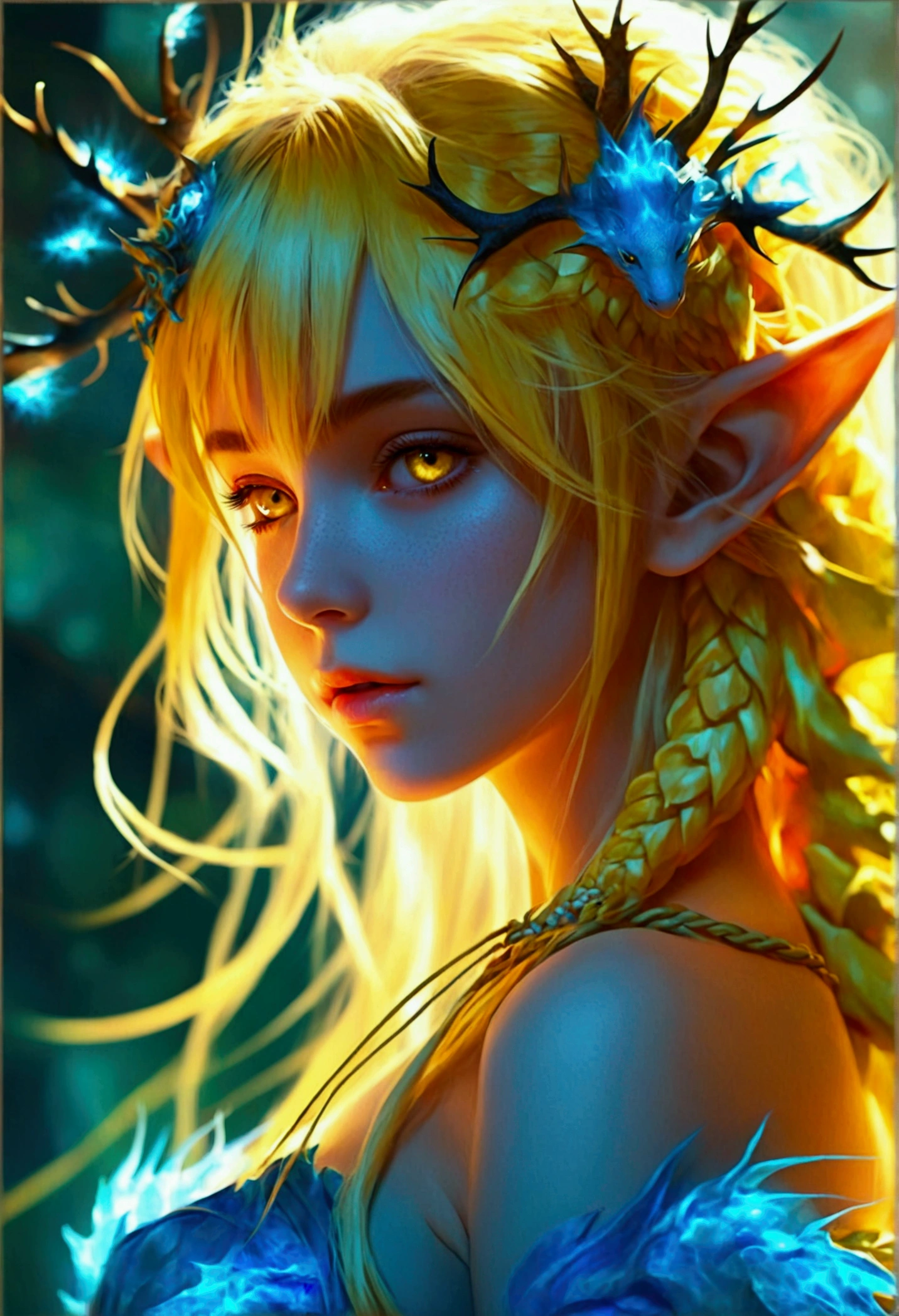 (beautiful and aesthetic:1.2), (1girl),(fractal art:1.3),colorful, cute young girl, light blue hair, long hair, small braids hair, yellow eyes, elf ears, dragon tail, dragon thorn, muscular body, small breast, light blue dress