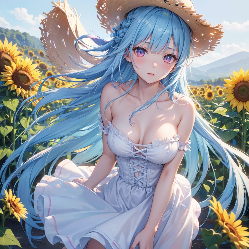 Sky blue hair,braid,(Pink Eyes),Fair skin ,(whole body),(One girl),buzzer,Sunflower field,White dress,blunt bangs,Wiping away sweat,wink,Straw hat,(masterpiece, Highest quality, Very detailed, Best Shadow), (Detailed Background), (Beautifully detailed face), High Contrast, (Best lighting, Very delicate and beautiful), ((Cinematic Light)), colorful, Hyper Detail, Dramatic Light, Intricate details,buzzerの暑い日差し,