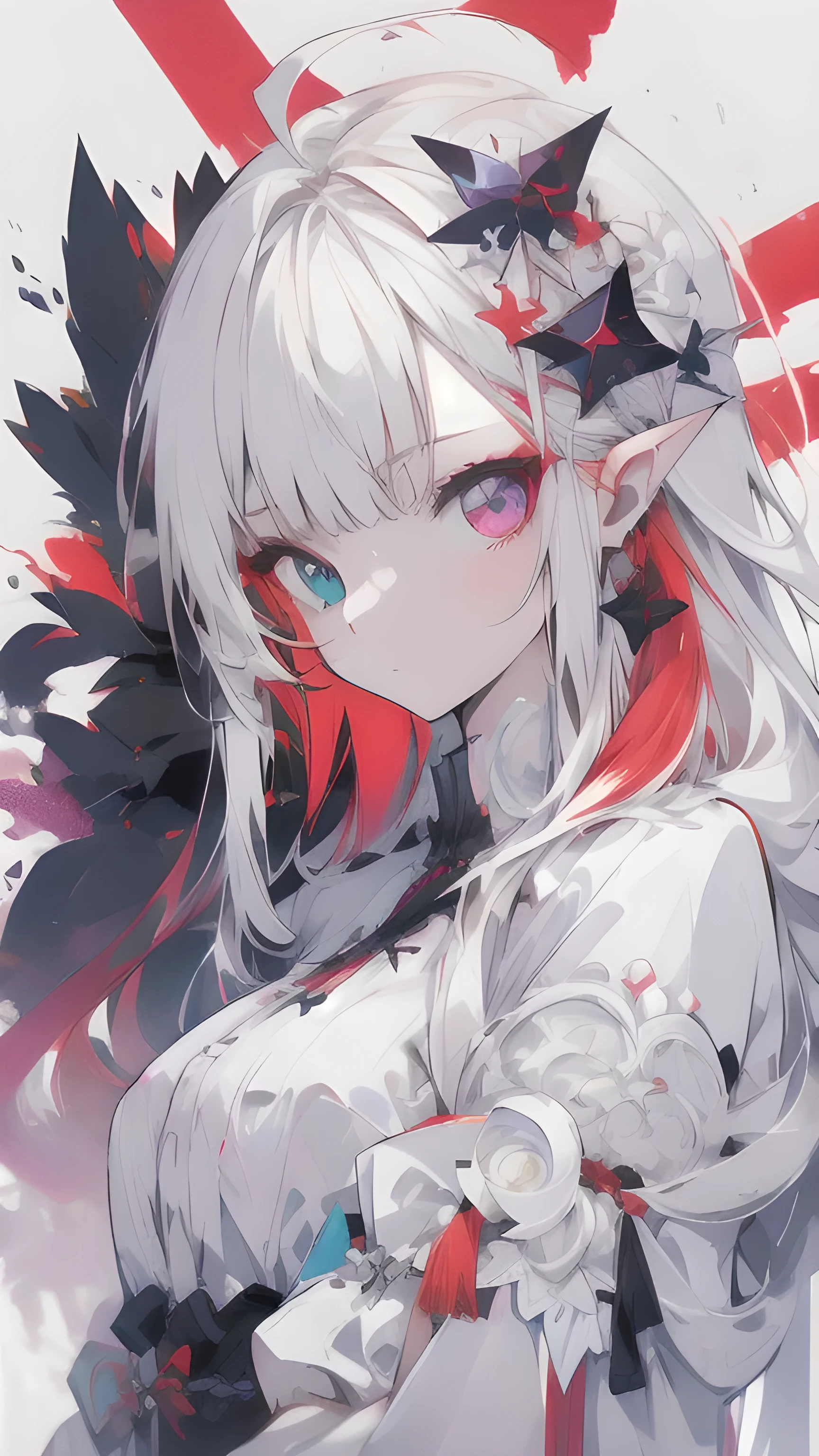 , (masterpiece:1.2), best quality,midjourney,
1girl, solo, long hair, white hair, looking at viewer, long sleeves, black dress, dress, own hands together, ahoge, very long hair, shirt, bangs, red hair, hair ornament, heterochromia, multicolored hair, pointy ears, purple eyes, white background, white shirt, closed mouth