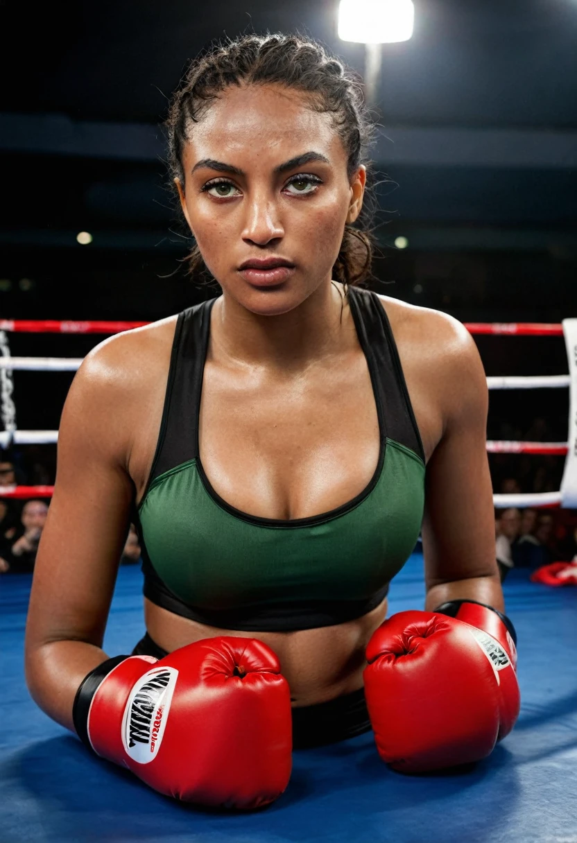 A woman in a boxing ring, wmma. A woman in a black tank top and red boxing gloves. Portrait of a Boxer fallen in the Ring, knocked out, She is lying down, and she appears to be feeling pain or discomfort, with an expression of suffering on her face, The scene conveys the feeling of a difficult moment during the fight. fierce expression, sweat on face, boxing gloves, [Realistic], (strong lighting: 1.2), (boxing ring scene: 1.1), (4k resolution. Black sports bra and shorts, boxer gloves.Woman completely Arafed with green eyes. Pose of a strong, muscular woman, determined expression, fierce look, athletic build, confident pose, beautiful 25 year old black woman with voluminous dark skin with brown highlights, green eyes, beautiful green eyes, realistic green eyes , detailed. eyes, ultra-realistic, symmetrical, hyper-realistic (eyeliner, long and perfect eyelashes, the nose is small and proportional to the face and the soft contour of the face that accentuates the high cheekbones, attractive and irresistible mouth). defined lips, full lips, voluminous lips, seductive lips, captivating, striking, unforgettable and enigmatic black lipstick. The face is oval, with high cheekbones and a well-defined chin, a beautiful and detailed face. skin: Olive skin, healthy and even glow, with olive skin, dark skin, sexy girl with olive skin, detailed skin texture, beautiful and shiny skin, intricate details, smooth skin, healthy and radiant appearance. Hourglass body, voluptuous body, slender woman, Huge breasts, well-toned belly, slim waist, Wide hips, big hips, huge butt, thick thighs, Long shapely legs. 50mm lens, f/2.8, hdr, RAW photo (8K), high quality resolution 8K uhd, dslr, 2k, 4K, 8K, 16K. Fight defeat pose, fight failure, countdown, knockout.