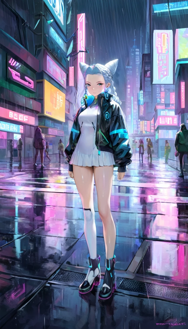 (masterpiece, best quality),  intricate details,
1girl,    vestiadef, braid, cone hair bun, jacket, white dress, single thighhigh, earrings, 
standing on street corner, futuristic city, cyberpunk, rain, wet clothes,