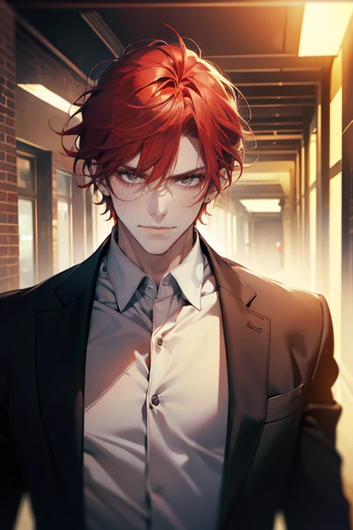 (tmasterpiece, high resolution, ultra - detailed:1.0), (1 male, masculine face), Perfect male body, tall and strong, Adult male, Delicate eyes and delicate face, Extremely detailed CG, Unity 8k wallpaper, Complicated details, Detailed face smile in love, (shot red hair, serious faces, white shirts,Bad students), (frown,evil smile in love:1.3), stad in school corridor, street style, color difference, Depth of field, dramatic shadow, Ray tracing, Best quality, Cinematic lighting, offcial art,Portrait