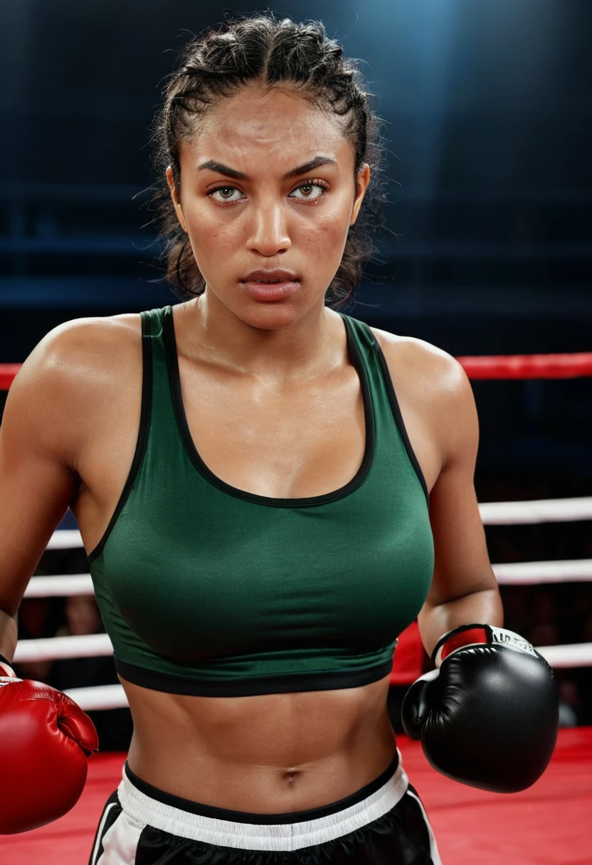 A woman in a boxing ring, wmma. A woman in a black tank top and red boxing gloves. Portrait of a female boxer during a break in the ring. She is leaning against the red ropes of the ring, leaning forward slightly. he appears to be catching his breath, with a determined and focused expression on his face. In the background, there is bluish lighting that creates a dramatic environment, highlighting the athlete, and she appears to be feeling pain or discomfort, with an expression of suffering on her face. The scene conveys the feeling of a difficult moment during the fight. fierce expression, sweat on face, boxing gloves, [Realistic], (strong lighting: 1.2), (boxing ring scene: 1.1), (4k resolution. Black sports bra and shorts, boxer gloves.Woman completely Arafed with green eyes. Pose of a strong, muscular woman, determined expression, fierce look, athletic build, confident pose, beautiful 25 year old black woman with voluminous dark skin with brown highlights, green eyes, beautiful green eyes, realistic green eyes , detailed. eyes, ultra-realistic, symmetrical, hyper-realistic (eyeliner, long and perfect eyelashes, the nose is small and proportional to the face and the soft contour of the face that accentuates the high cheekbones, attractive and irresistible mouth). defined lips, full lips, voluminous lips, seductive lips, captivating, striking, unforgettable and enigmatic black lipstick. The face is oval, with high cheekbones and a well-defined chin, a beautiful and detailed face. skin: Olive skin, healthy and even glow, with olive skin, dark skin, sexy girl with olive skin, detailed skin texture, beautiful and shiny skin, intricate details, smooth skin, healthy and radiant appearance. Hourglass body, voluptuous body, slender woman, Huge breasts, well-toned belly, slim waist, Wide hips, big hips, huge butt, thick thighs, Long shapely legs. 50mm lens, f/2.8, hdr, RAW photo (8K), high quality resolution 8K uhd, dslr, 2k, 4K, 8K, 16K.