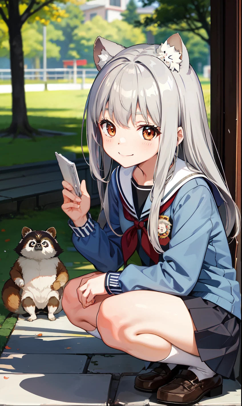 、smile、Tanuki girl、Gray Hair、high school student、uniform、Serafuku、squat、(Small breasts)
