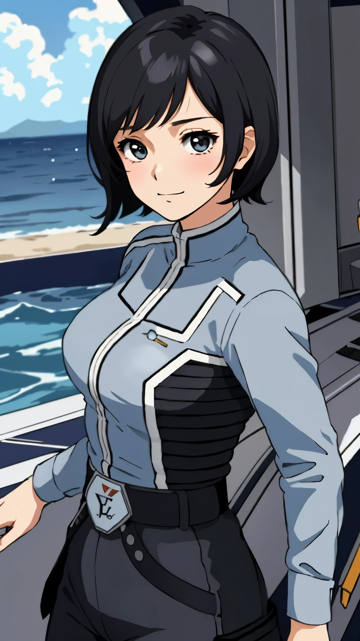 masterpiece, best quality, solo,1girl,looking at viewer,, cowboy shot,sea,anime style,
 anne、Ultra Guard Interior、Fighter Aircraft Background、Black Hair、Hair style: short hair、Her hair is parted in a 7:3 style.