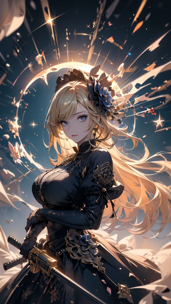 masterpiece, high quality, 4K, Beautiful design, silhouette,blonde, 非常に詳細な夜のStarry Sky,Flower Field, wonderful, Finer details, Very knowledgeable woman, Highly detailed solo, 1 female,Big Breasts,Gothic Lolita Fashion,2Hold the gun in front of your chest.,Night view,Starry Sky,full moon,