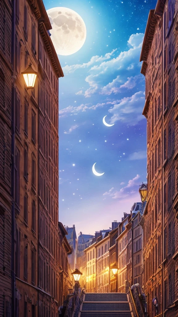 a prince riding a white unicorn, city with tenement buildings, prominent balconies and stairs, prince in the center of image, colors matching background, crescent moon above, moonlight shining on prince, faint bluish fire burning on upper part of buildings, realistic, dark but warm, mysterious and intriguing