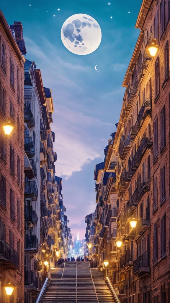 a prince riding a white unicorn, city with tenement buildings, prominent balconies and stairs, prince in the center of image, colors matching background, crescent moon above, moonlight shining on prince, faint bluish fire burning on upper part of buildings, realistic, dark but warm, mysterious and intriguing