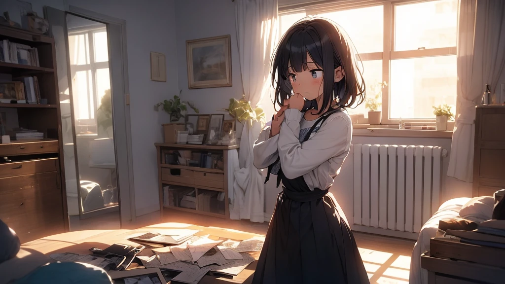 An anime girl standing alone in a dimly lit room, with a melancholic expression on her face. She is holding a photograph of someone she once admired, symbolizing her lost dreams and broken expectations. The background features a large window with city lights glowing faintly outside, casting a soft, somber glow into the room. Around her, there are scattered memories: old letters, a guitar, and a few personal items that hint at her past hopes and dreams. The atmosphere is filled with a sense of nostalgia and introspection, capturing the struggle of moving on from someone who failed to be the hero she envisioned. The lighting highlights her reflective mood, with shadows accentuating the depth of her emotions. The overall scene conveys a poignant mix of regret, realization, and the quiet strength needed to let go and move forward.
