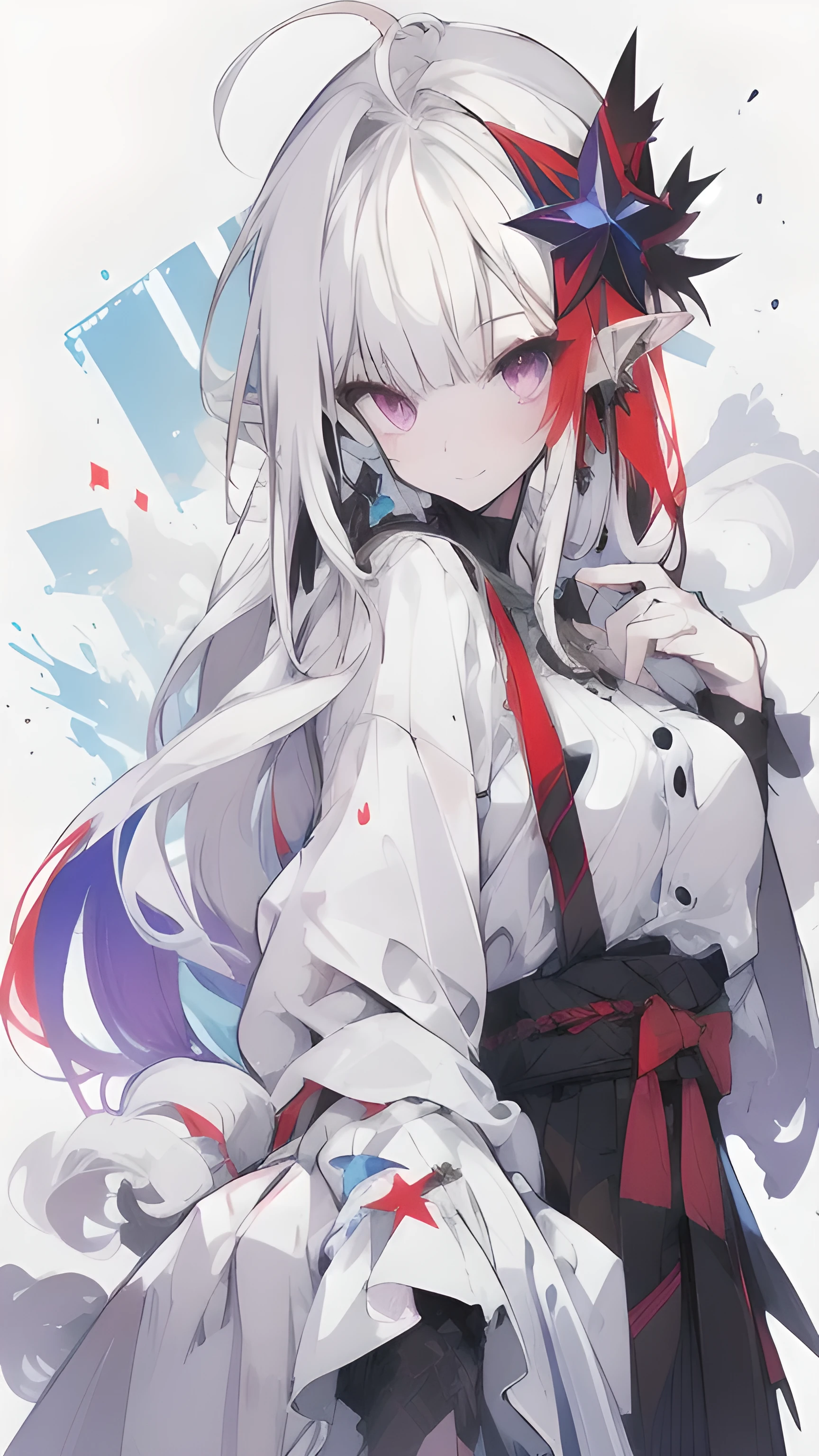 , (masterpiece:1.2), best quality,midjourney,
1girl, solo, long hair, white hair, looking at viewer, long sleeves, black dress, dress, own hands together, ahoge, very long hair, shirt, bangs, red hair, hair ornament, heterochromia, multicolored hair, pointy ears, purple eyes, white background, white shirt, closed mouth
 