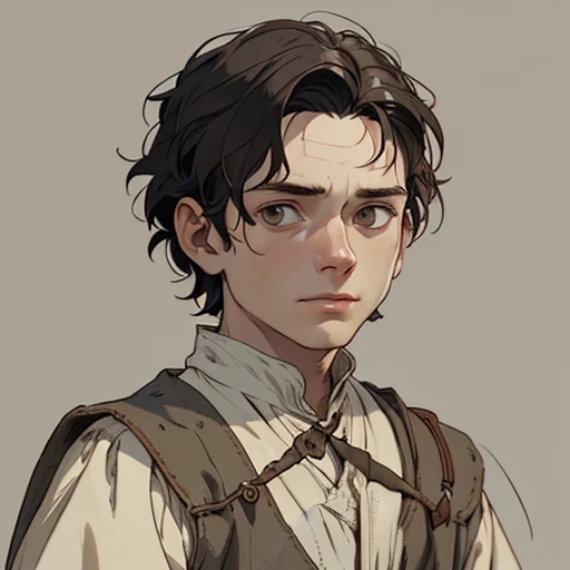 (masterpiece), (best quality),(portrait),(bust up),1boy,solo,(sharp focus),(look at viewer),Frodo Baggins, young boy,hobbit,ancient long clothes,(simple background),old school fantasy art,super shiny face,Ultra Glossy Skin,medieval farmer outfit,poor outfit,farmer,beige outfit,light from front
