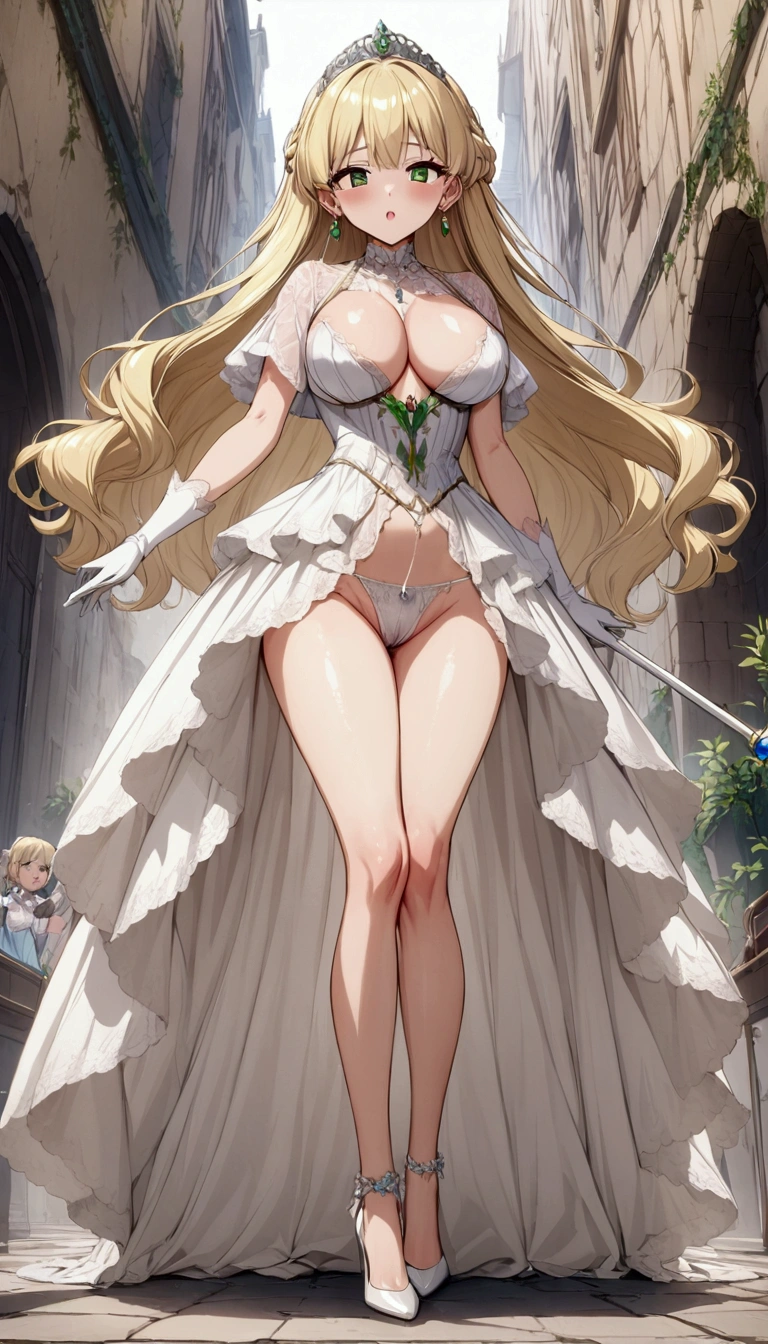 Anime. 1 Girl. Cute girl. Princess. Blonde. Long hair. Wavy hair. Green eyes. Beautiful eyes. Perfect eyes. Expressive eyes. Blind eyes. Blind. Ideal face. 16 years. Sitting chest. Beautiful breasts. Ideal anatomical body. Beautiful long legs. Luxurious white dress. White stockings. High heel shoes. White cane. Diadem. Pearl necklace. Neat earrings. White gloves. Urinary incontinence. Wants to pee. Need to pee. A strong, desperate urge to pee. Hand on crotch. He squeezes his crotch tightly. Rubs the crotch. She pees herself. Pissing to himself. Pissing in panties. She peed herself. Urine runs down my thighs. Standing at full height. She is standing on the street. Stands in the royal garden.. Beautiful character design. Shiny skin. Full body. Official
art. Extremely detailed CG Unity 8k wallpaper. Ideal lighting. Ultra high resolution 4K. Super detailed 8K. A high resolution.