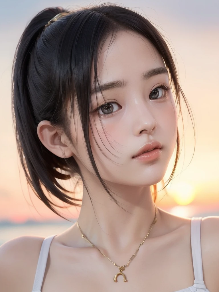 One Girl,(1人のとてもcute女の子:1.3),masterpiece,Highest quality,High resolution,From below,Low - Angle,Photorealistic,RAW Photos,Ray Tracing,Physically Based Rendering,beautiful girl,(15 years old:1.3),cute,Big eyes,(detailed pupils:1.2),(The face is facing straight ahead:1.3),Body facing forward,Beautiful nose,High nose,Upturned nose,Fuller lips,Short black hair,ponytail,short hair,Detailed eyelashes,Thin eyebrows,Very fine grain definition,(Symmetrical eyes,Golden Ratio:1.3),(Face close-up,Face Focus:1.0),Small breasts,Short neck,White swimsuit,White Bikini,The background is the sea,Southern Island,sunset,Sunset,Portrait,View Viewer,Upper Body,Cinema Lighting,High resolution,Very detailed